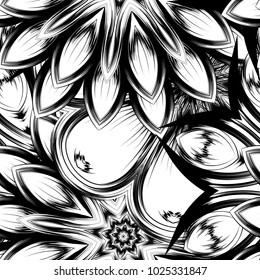 Seamless floral background. Tracery handmade nature ethnic fabric backdrop pattern with saturated dark flowers. Textile design texture. Decorative binary monochrome black and white art. Vector