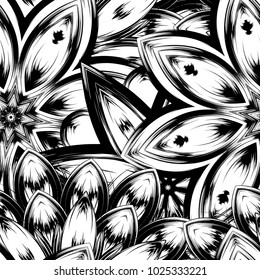 Seamless floral background. Tracery handmade nature ethnic fabric backdrop pattern with saturated dark flowers. Textile design texture. Decorative binary monochrome black and white art. Vector