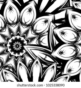 Seamless floral background. Tracery handmade nature ethnic fabric backdrop pattern with saturated dark flowers. Textile design texture. Decorative binary monochrome black and white art. Vector