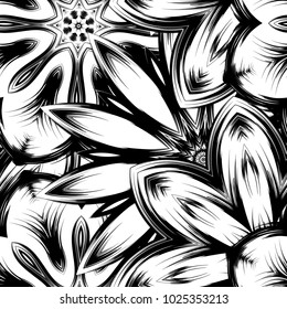 Seamless floral background. Tracery handmade nature ethnic fabric backdrop pattern with saturated dark flowers. Textile design texture. Decorative binary monochrome black and white art. Vector