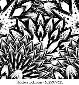 Seamless floral background. Tracery handmade nature ethnic fabric backdrop pattern with saturated dark flowers. Textile design texture. Decorative binary monochrome black and white art. Vector