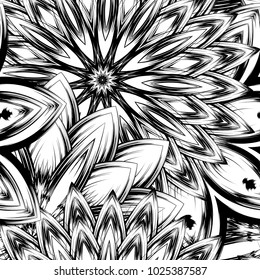 Seamless floral background. Tracery handmade nature ethnic fabric backdrop pattern with saturated dark flowers. Textile design texture. Decorative binary monochrome black and white art. Vector