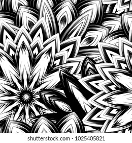 Seamless floral background. Tracery handmade nature ethnic fabric backdrop pattern with saturated dark flowers. Textile design texture. Decorative binary monochrome black and white art. Vector