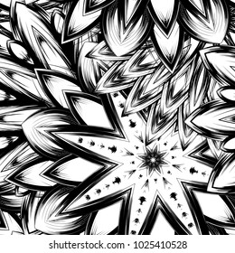 Seamless floral background. Tracery handmade nature ethnic fabric backdrop pattern with saturated dark flowers. Textile design texture. Decorative binary monochrome black and white art. Vector