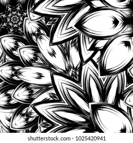 Seamless floral background. Tracery handmade nature ethnic fabric backdrop pattern with saturated dark flowers. Textile design texture. Decorative binary monochrome black and white art. Vector