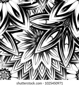 Seamless floral background. Tracery handmade nature ethnic fabric backdrop pattern with saturated dark flowers. Textile design texture. Decorative binary monochrome black and white art. Vector