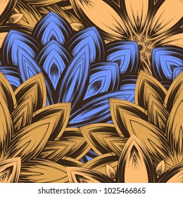 Seamless floral background. Tracery handmade nature ethnic fabric backdrop pattern with flowers. Textile design texture. Decorative color art. Vector
