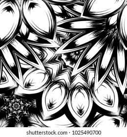 Seamless floral background. Tracery handmade nature ethnic fabric backdrop pattern with saturated dark flowers. Textile design texture. Decorative binary monochrome black and white art. Vector