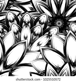 Seamless floral background. Tracery handmade nature ethnic fabric backdrop pattern with saturated dark flowers. Textile design texture. Decorative binary monochrome black and white art. Vector