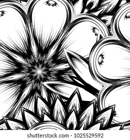 Seamless floral background. Tracery handmade nature ethnic fabric backdrop pattern with saturated dark flowers. Textile design texture. Decorative binary monochrome black and white art. Vector