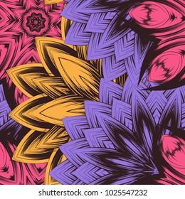 Seamless floral background. Tracery handmade nature ethnic fabric backdrop pattern with flowers. Textile design texture. Decorative color art. Vector
