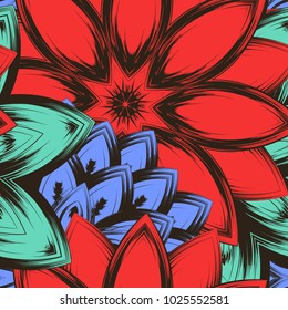 Seamless floral background. Tracery handmade nature ethnic fabric backdrop pattern with flowers. Textile design texture. Decorative color art. Vector