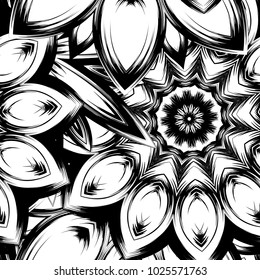 Seamless floral background. Tracery handmade nature ethnic fabric backdrop pattern with saturated dark flowers. Textile design texture. Decorative binary monochrome black and white art. Vector
