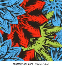 Seamless floral background. Tracery handmade nature ethnic fabric backdrop pattern with flowers. Textile design texture. Decorative color art. Vector