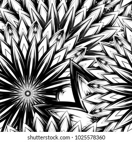 Seamless floral background. Tracery handmade nature ethnic fabric backdrop pattern with saturated dark flowers. Textile design texture. Decorative binary monochrome black and white art. Vector