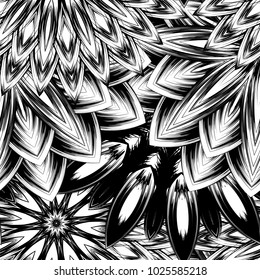 Seamless floral background. Tracery handmade nature ethnic fabric backdrop pattern with saturated dark flowers. Textile design texture. Decorative binary monochrome black and white art. Vector