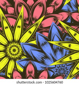 Seamless floral background. Tracery handmade nature ethnic fabric backdrop pattern with flowers. Textile design texture. Decorative color art. Vector