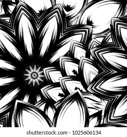 Seamless floral background. Tracery handmade nature ethnic fabric backdrop pattern with saturated dark flowers. Textile design texture. Decorative binary monochrome black and white art. Vector