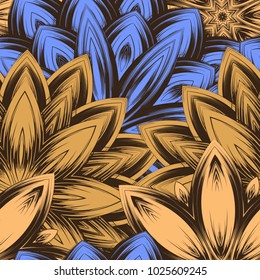 Seamless floral background. Tracery handmade nature ethnic fabric backdrop pattern with flowers. Textile design texture. Decorative color art. Vector