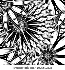 Seamless floral background. Tracery handmade nature ethnic fabric backdrop pattern with saturated dark flowers. Textile design texture. Decorative binary monochrome black and white art. Vector