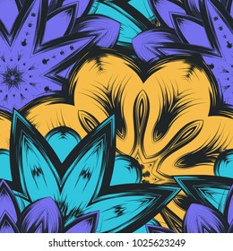 Seamless floral background. Tracery handmade nature ethnic fabric backdrop pattern with flowers. Textile design texture. Decorative color art. Vector