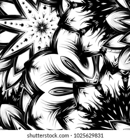 Seamless floral background. Tracery handmade nature ethnic fabric backdrop pattern with saturated dark flowers. Textile design texture. Decorative binary monochrome black and white art. Vector