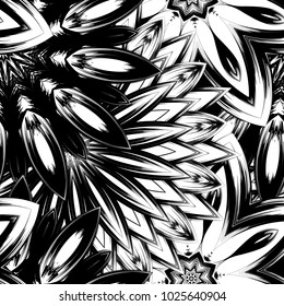 Seamless floral background. Tracery handmade nature ethnic fabric backdrop pattern with saturated dark flowers. Textile design texture. Decorative binary monochrome black and white art. Vector
