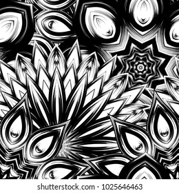 Seamless floral background. Tracery handmade nature ethnic fabric backdrop pattern with saturated dark flowers. Textile design texture. Decorative binary monochrome black and white art. Vector