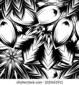 Seamless floral background. Tracery handmade nature ethnic fabric backdrop pattern with saturated dark flowers. Textile design texture. Decorative binary monochrome black and white art. Vector