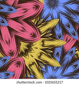 Seamless floral background. Tracery handmade nature ethnic fabric backdrop pattern with flowers. Textile design texture. Decorative color art. Vector