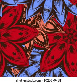Seamless floral background. Tracery handmade nature ethnic fabric backdrop pattern with flowers. Textile design texture. Decorative color art. Vector