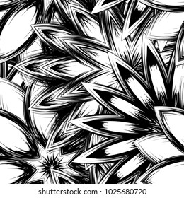 Seamless floral background. Tracery handmade nature ethnic fabric backdrop pattern with saturated dark flowers. Textile design texture. Decorative binary monochrome black and white art. Vector