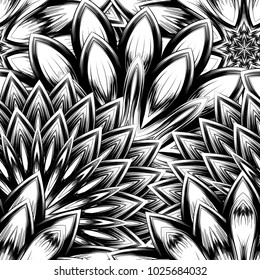 Seamless floral background. Tracery handmade nature ethnic fabric backdrop pattern with saturated dark flowers. Textile design texture. Decorative binary monochrome black and white art. Vector
