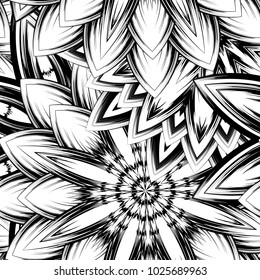 Seamless floral background. Tracery handmade nature ethnic fabric backdrop pattern with saturated dark flowers. Textile design texture. Decorative binary monochrome black and white art. Vector