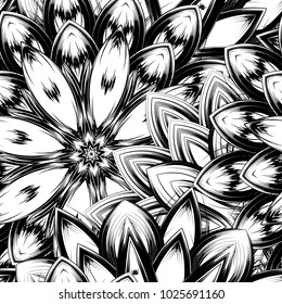 Seamless floral background. Tracery handmade nature ethnic fabric backdrop pattern with saturated dark flowers. Textile design texture. Decorative binary monochrome black and white art. Vector