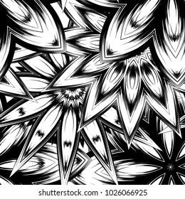 Seamless floral background. Tracery handmade nature ethnic fabric backdrop pattern with saturated dark flowers. Textile design texture. Decorative binary monochrome black and white art. Vector