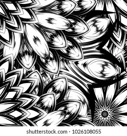 Seamless floral background. Tracery handmade nature ethnic fabric backdrop pattern with saturated dark flowers. Textile design texture. Decorative binary monochrome black and white art. Vector