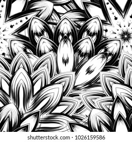 Seamless floral background. Tracery handmade nature ethnic fabric backdrop pattern with saturated dark flowers. Textile design texture. Decorative binary monochrome black and white art. Vector