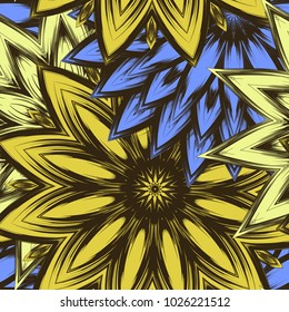 Seamless floral background. Tracery handmade nature ethnic fabric backdrop pattern with flowers. Textile design texture. Decorative color art. Vector