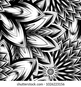 Seamless floral background. Tracery handmade nature ethnic fabric backdrop pattern with saturated dark flowers. Textile design texture. Decorative binary monochrome black and white art. Vector