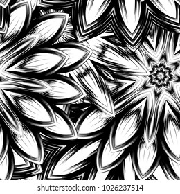 Seamless floral background. Tracery handmade nature ethnic fabric backdrop pattern with saturated dark flowers. Textile design texture. Decorative binary monochrome black and white art. Vector