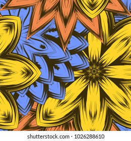 Seamless floral background. Tracery handmade nature ethnic fabric backdrop pattern with flowers. Textile design texture. Decorative color art. Vector