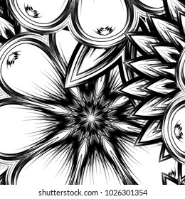 Seamless floral background. Tracery handmade nature ethnic fabric backdrop pattern with saturated dark flowers. Textile design texture. Decorative binary monochrome black and white art. Vector