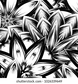 Seamless floral background. Tracery handmade nature ethnic fabric backdrop pattern with saturated dark flowers. Textile design texture. Decorative binary monochrome black and white art. Vector