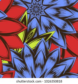 Seamless floral background. Tracery handmade nature ethnic fabric backdrop pattern with flowers. Textile design texture. Decorative color art. Vector