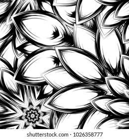Seamless floral background. Tracery handmade nature ethnic fabric backdrop pattern with saturated dark flowers. Textile design texture. Decorative binary monochrome black and white art. Vector