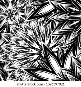 Seamless floral background. Tracery handmade nature ethnic fabric backdrop pattern with saturated dark flowers. Textile design texture. Decorative binary monochrome black and white art. Vector