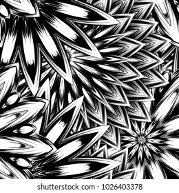 Seamless floral background. Tracery handmade nature ethnic fabric backdrop pattern with saturated dark flowers. Textile design texture. Decorative binary monochrome black and white art. Vector