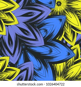Seamless floral background. Tracery handmade nature ethnic fabric backdrop pattern with flowers. Textile design texture. Decorative color art. Vector