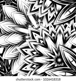 Seamless floral background. Tracery handmade nature ethnic fabric backdrop pattern with saturated dark flowers. Textile design texture. Decorative binary monochrome black and white art. Vector
